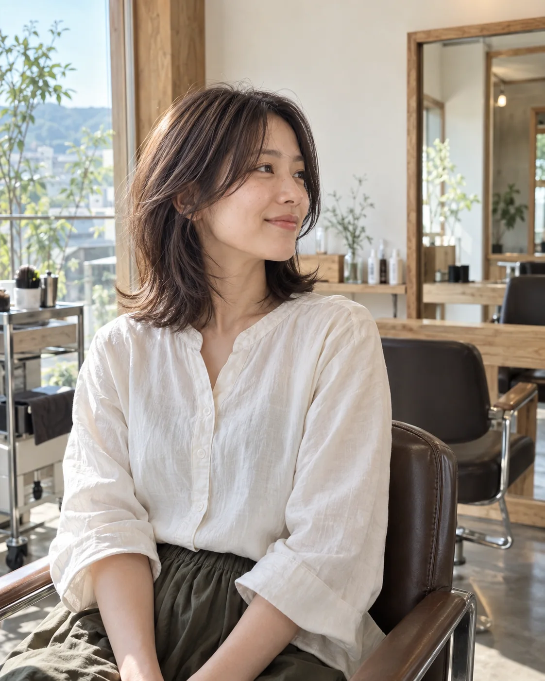 自然光の入る木の内装の美容室で、髪を整えた女性のイメージ
